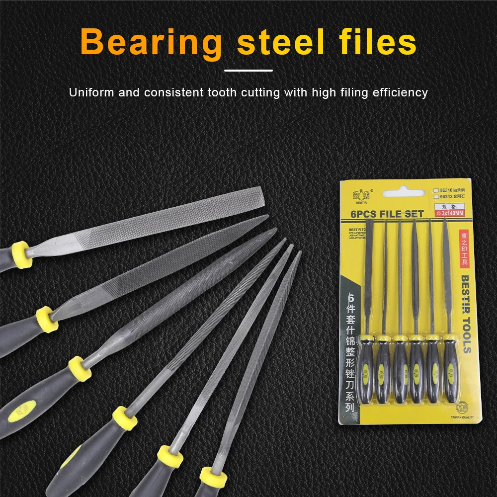 BESTIR 6pcs Diamond Steel File Set 3*140mm 4*160mm 5*180mm Mini Needle File For Metal Wood Carving Craft Hand Tools Jewelry File