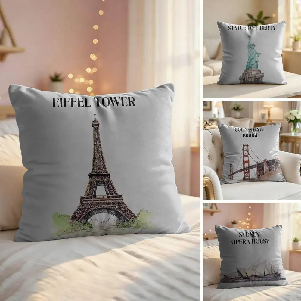 Famous Buildings Cushion Cover Soft Short Plush Pillow Cover Smooth Cozy Texture Aesthetic Cushion Case Home Decor