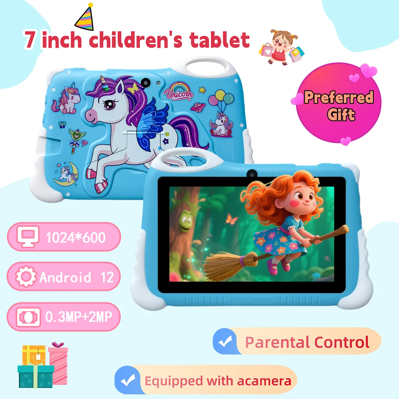 Tablet per bambini da 7,0 pollici Quad Core doppia fotocamera Android Giochi educativi per l'apprendimento Tablet Regali per bambini