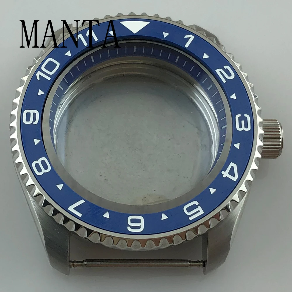 مانتا 42 مللي متر حافظة من الفولاذ المقاوم للصدأ الأزرق الديكور الدائري الياقوت ساعة زجاجية أجزاء حركة FitNH35NH36