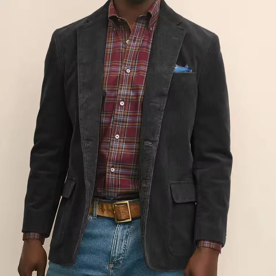 Mens Corduroy Blazer Jacket Single Breasted Blend Fabric Notched Lapel Comfort Breathable Business Casual Suit Outerwear Coat image 5