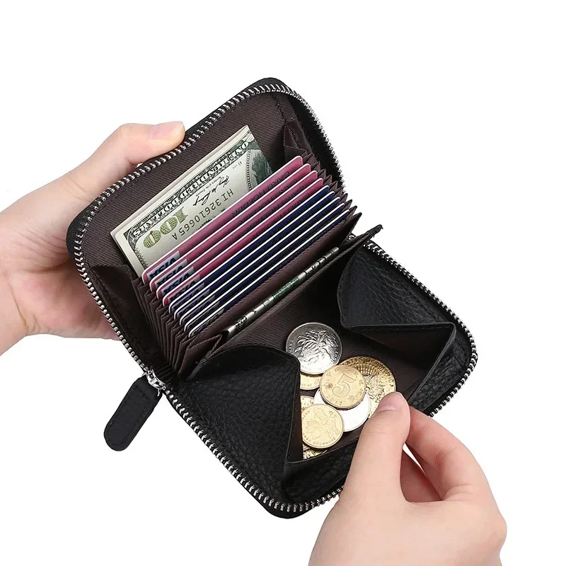 Genuine Leather RFID Card Holder High Capacity Coin Purse Portable Short Wallet Pouch Cowhide Small Money Case For Men Women
