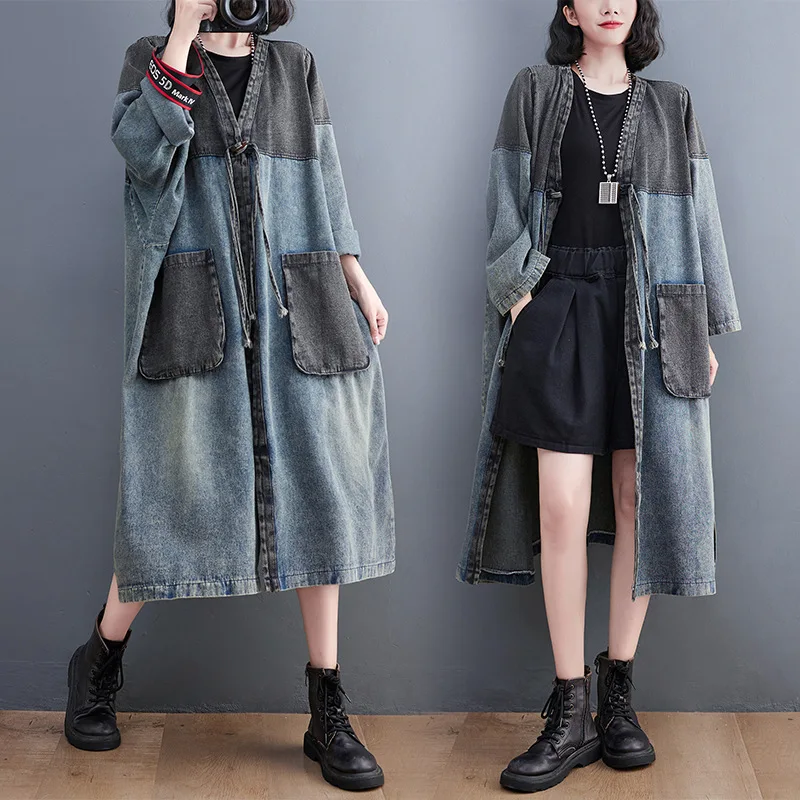 

Women Denim Trench Coat Long Jackets Washed V Neck Lace Up Patchwork Windbreaker Vintage Streetwear Female Autumn Outerwear