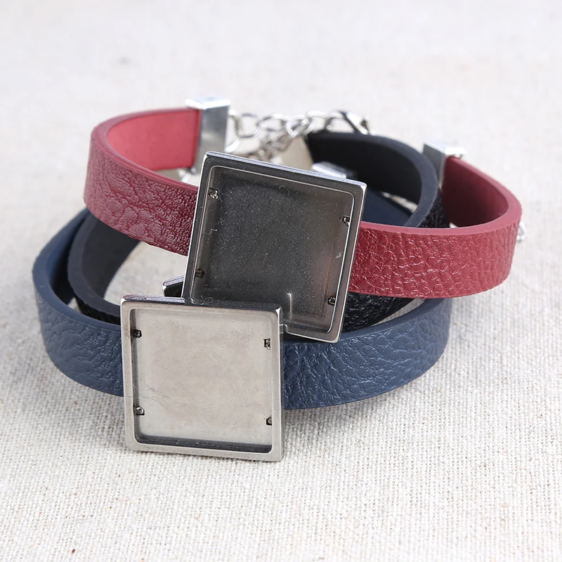 onwear 5pcs stainless steel fit square cabochon 20mm bracelet base diy flat leather blank bangle bracelets bezel settings