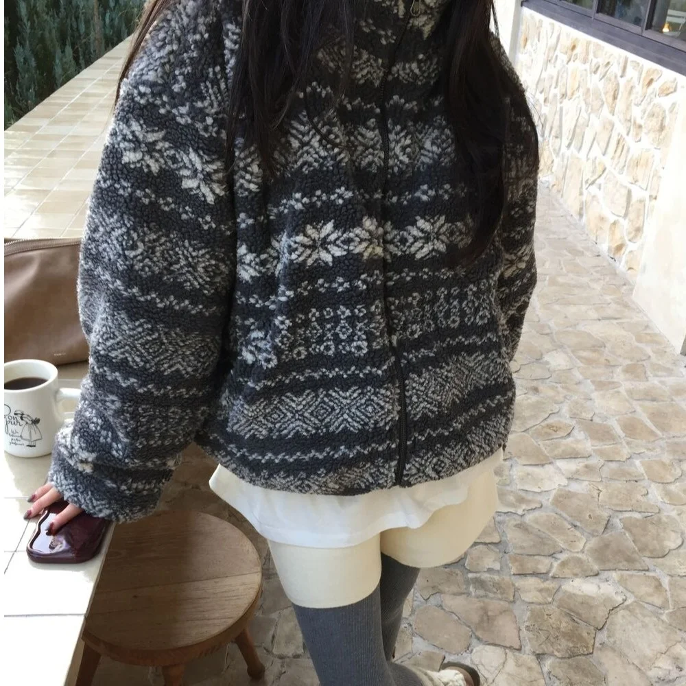 Jaet de piel de cordero Retro elegante para mujer, ropa de abrigo cálida holgada con cremallera, estilo coreano, corte Regular, para escuela y calle, Otoño e Invierno