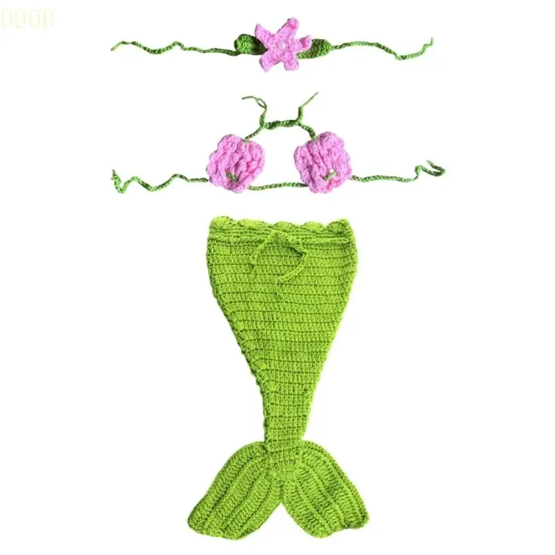 

090B 3pcs Handknitted Newborns Sea-maiden Costume Comfortable Safe Dress Headwear