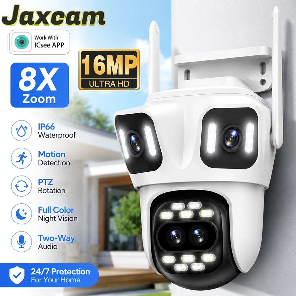16MP 8K Four Lens WiFi IP Camera 8X Zoom Outdoor PTZ Camera Auto Tracking IP66 Waterproof Security Cam Video Surveillance ICSEE