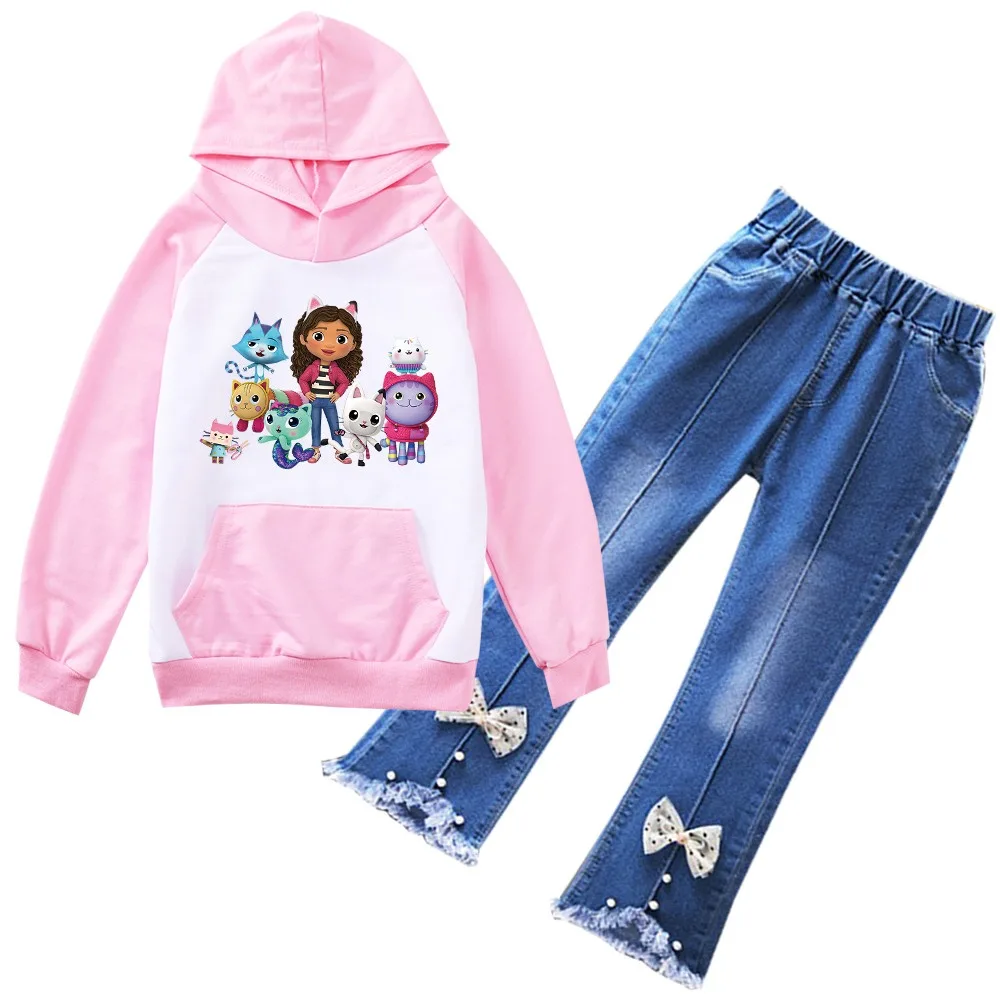 

Cartoon Gabby Doolhouse Clothes Kids Gaby Chat Hoodie Jeans 2pcs Set Baby Girls Outfits Children Fashion Pullover Fall Tracksuit