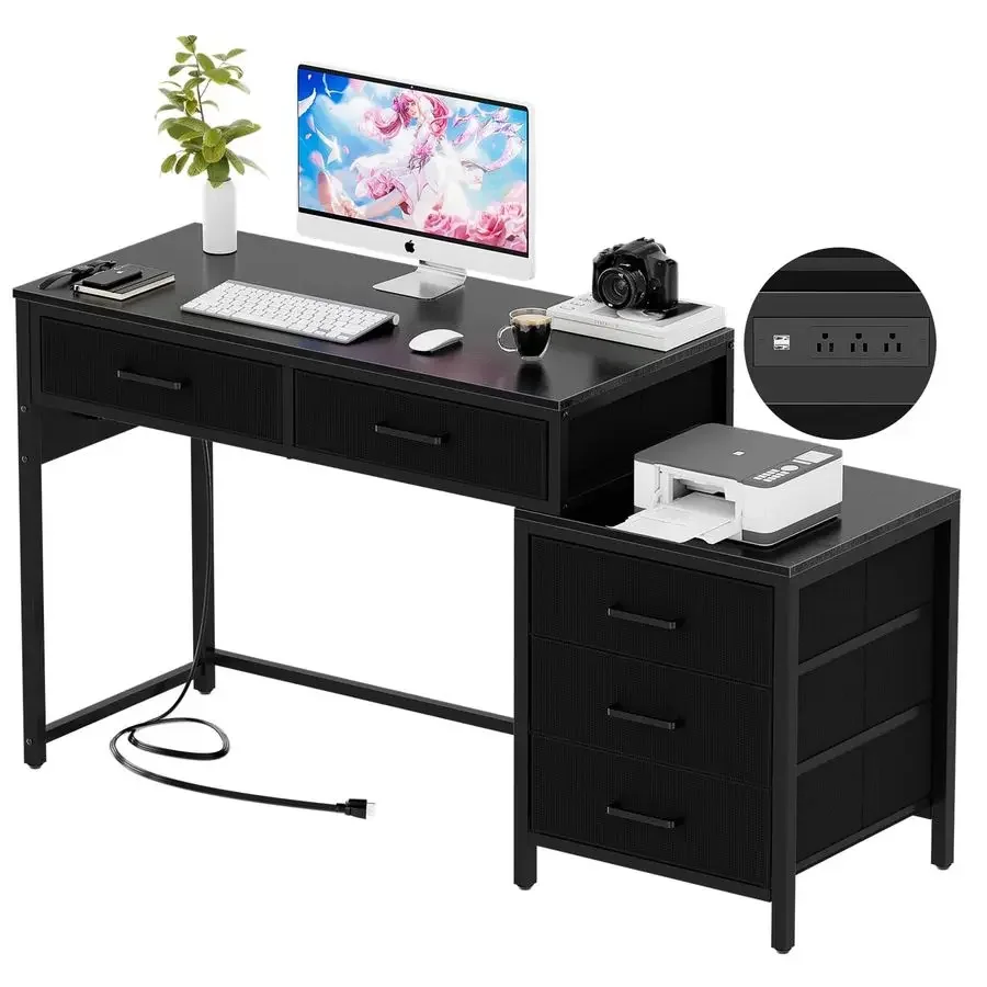 Reversible Computer Desk with 5 Drawers, Sturdy Office Desk with Power Outlets and USB Ports, Corner Writing Table with File Ca
