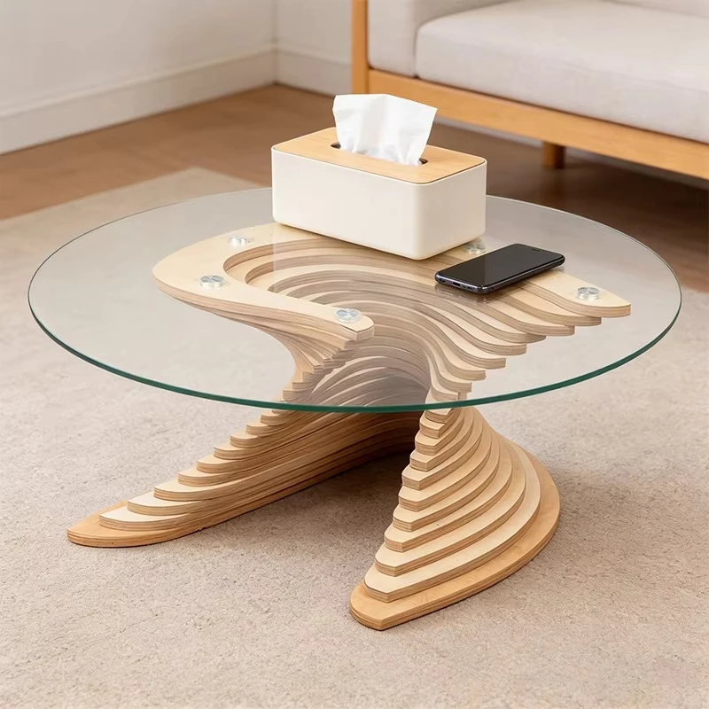 

Spiral design coffee table, wooden and glass round coffee table, living room center table, suitable for family apartments