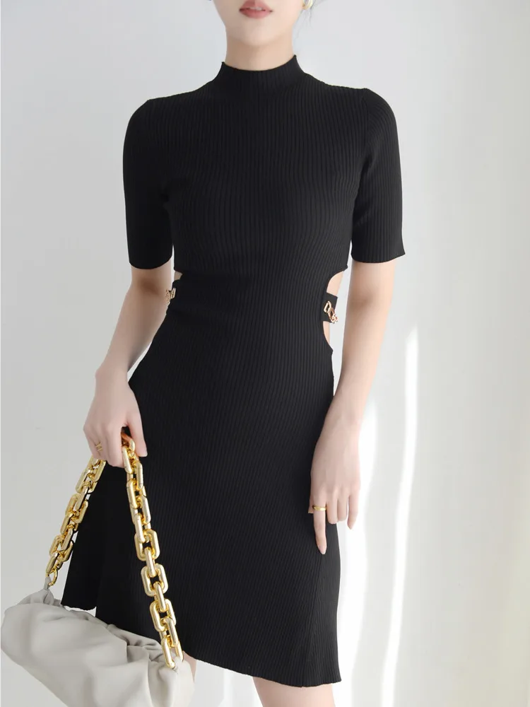 CHUJIE Feminino 2025 Verão Estilo Francês Malha Mini Vestido - Sexy Cintura Recorte Manga Curta Com Tecido Refrigerador