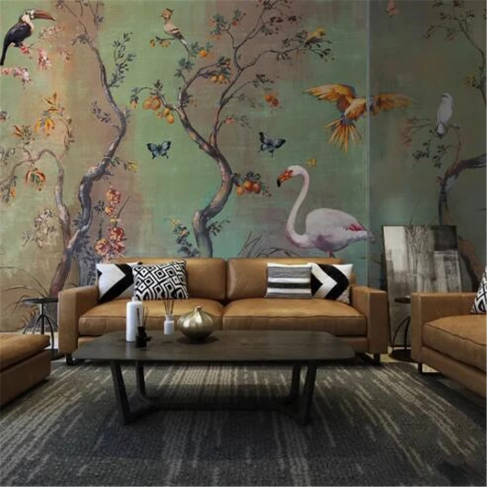 Customized Wallpaper Tropical Rainforest Oil Painting TV Background Wall Flower Bird Plant Wallpaper Homestay Sofa Bedroom Mural