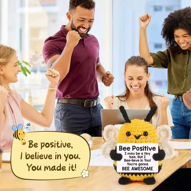 

Christmas Gift Funny Crochet Bee Doll: Handmade Knitted Wool Yarn Desktop Ornament with Positive Card – Home Room Decor