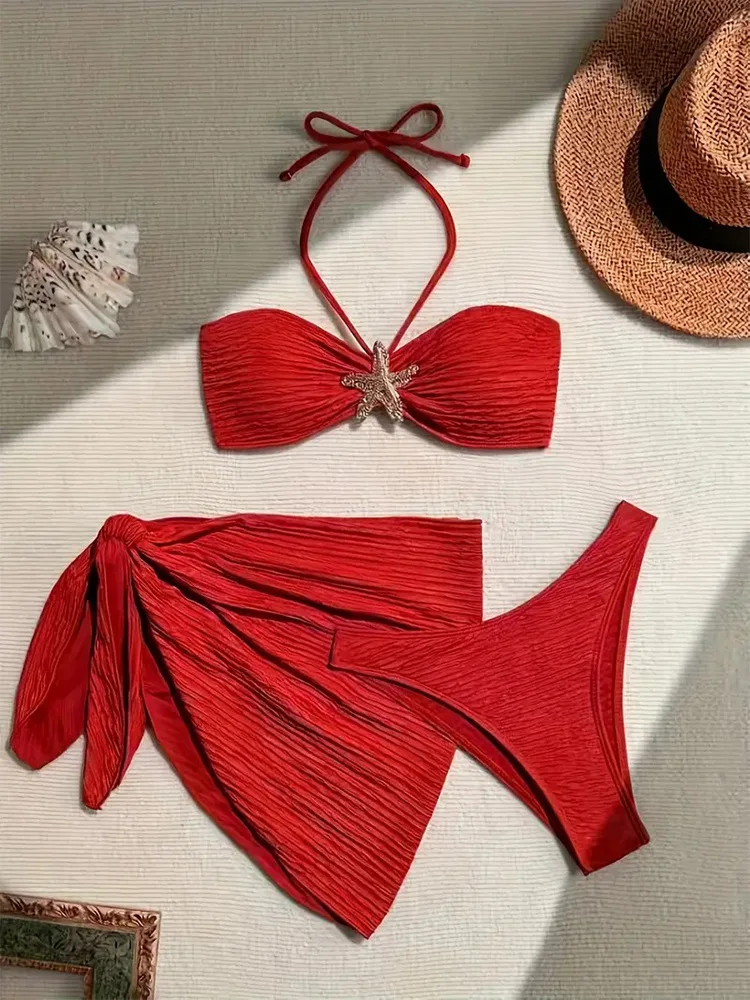 Sexy Metal Starfish Bikinis Set Women Brown Bandeau Push Up Mesh Skirt 3 Piece Swimsuit 2026 Beach Bathing Suit Holiday Swimwear