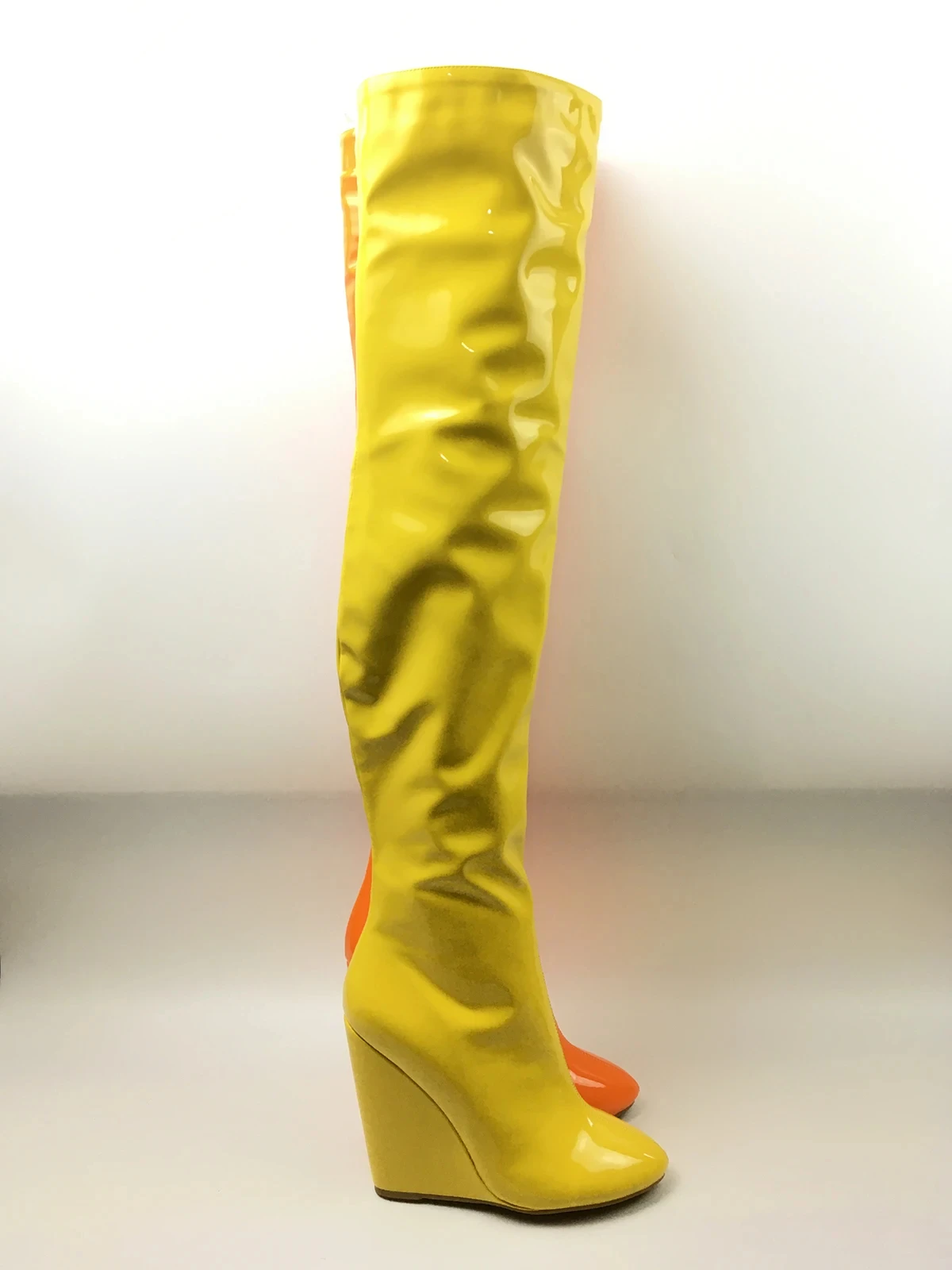 Women\'s Over the knee boots High Heels Wedge Shoe Winter Thigh Heigh Long Boots Orange & Yellow Patent Full Zipper Customized