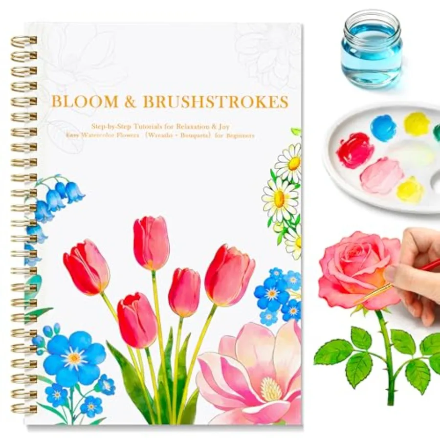 Watercolor Workbook for Beginners, Floral Water Coloring Book, 16 Sheets, 140lb/300gsm Cold Press Watercolor Paper, Step-by-Ste