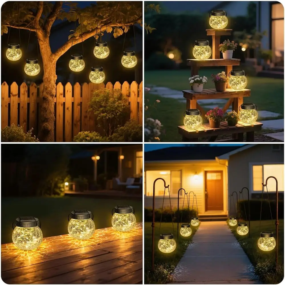 Lanterns Outdoor Waterproof 6 Pack, Hanging Lights with 30 LED, Cracked Glass Hanging Globes for Garden Patio Entrance Yard Chri