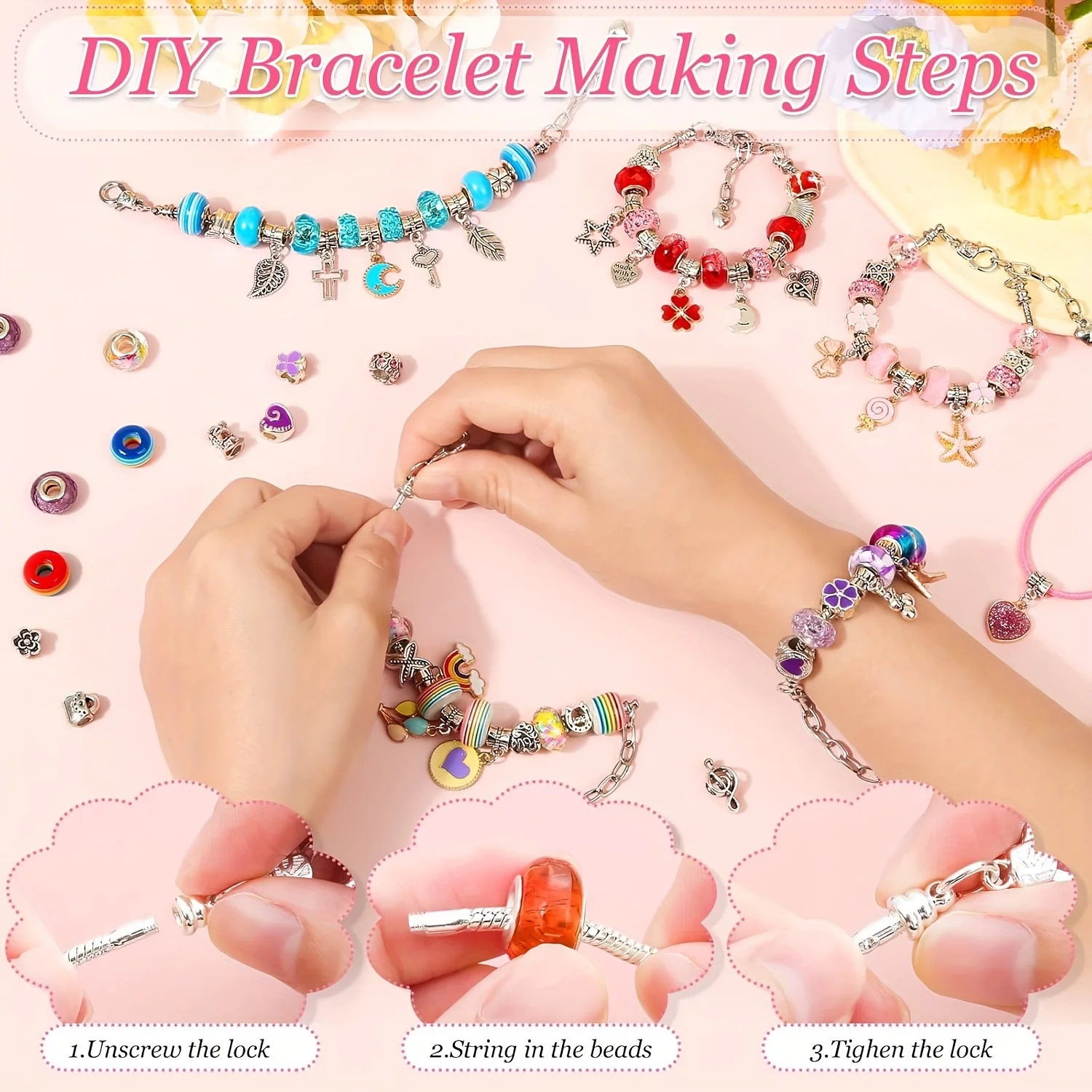 155Pcs Charm Bracelet Making Kit with Medium Size Jewelry Box, DIY Craft Bead Sets Jewelry Making Kit