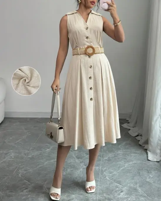 

Summer Solid Color V-Neck Button Front Flax Sleeveless Dress for Women's Casual Beach Wind Belt Belt Solid Color Dress