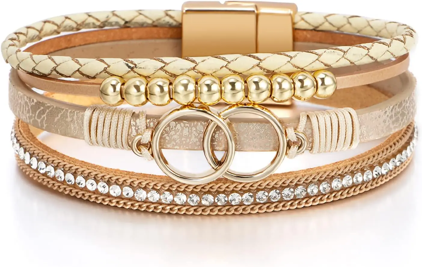 Pulsera de Leopardo para Mujer, Brazalete Boho de Cuero con Múltiples Capas de Perlas y Cristales