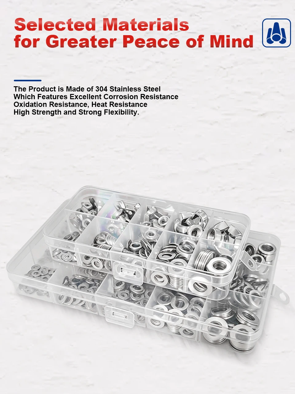 Edelstahl-Mutter-Flachfederscheiben-Kombinations-Box-Set SS304 M3-M8 DIN934DIN985DIN1587DIN315 Sechskant-Sicherungskappe Flügelschrauben-Set – Detail 2