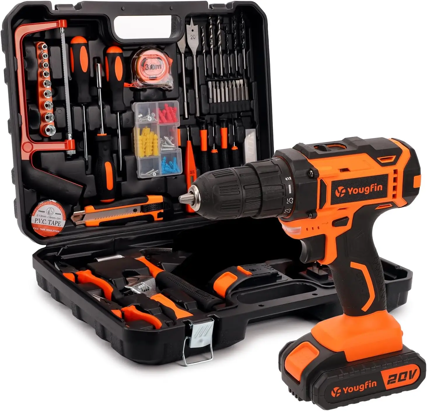 

Drill Set Combo Kit with 2 Batteries & Charger for Men, Household Hand Tools 114 pcs Tool Kit with Cordless Drill 20V, Power Dri