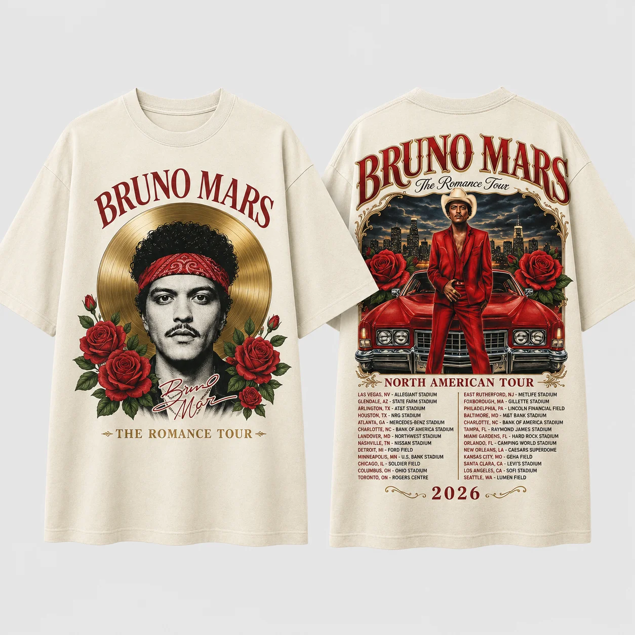 Bruno Mars The Romantic Tour T-Shirt Concert Merch Double Sided Graphic Tee Short Sleeve Casual Fan Top