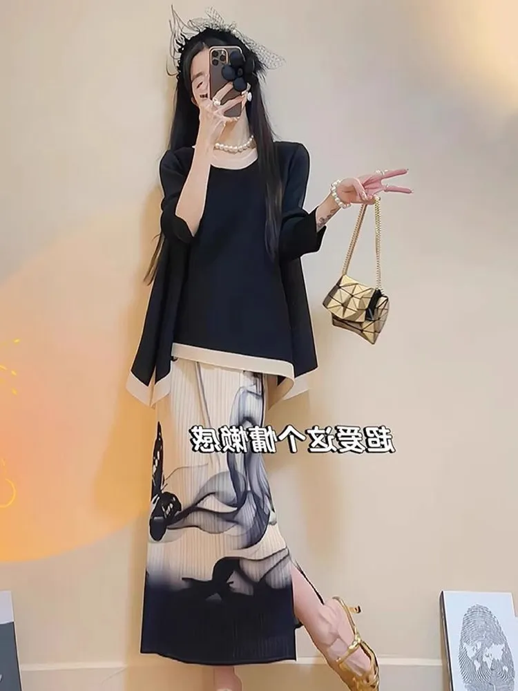 

Black round Neck Printed Half Skirt Set Elegant Wrinkle Design Women's Hanfu Summer Fashion Classy Style Polyester Fiber