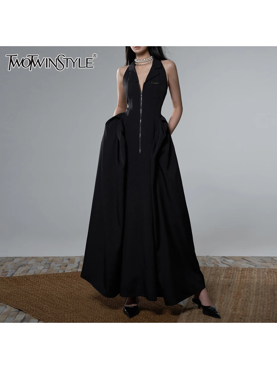 

TWOTWINSTYLE Solid Slimming Midi Elegant Dresses For Women Lapel Sleeveless High Waist Patchwork Zipper Temperament Dress Female