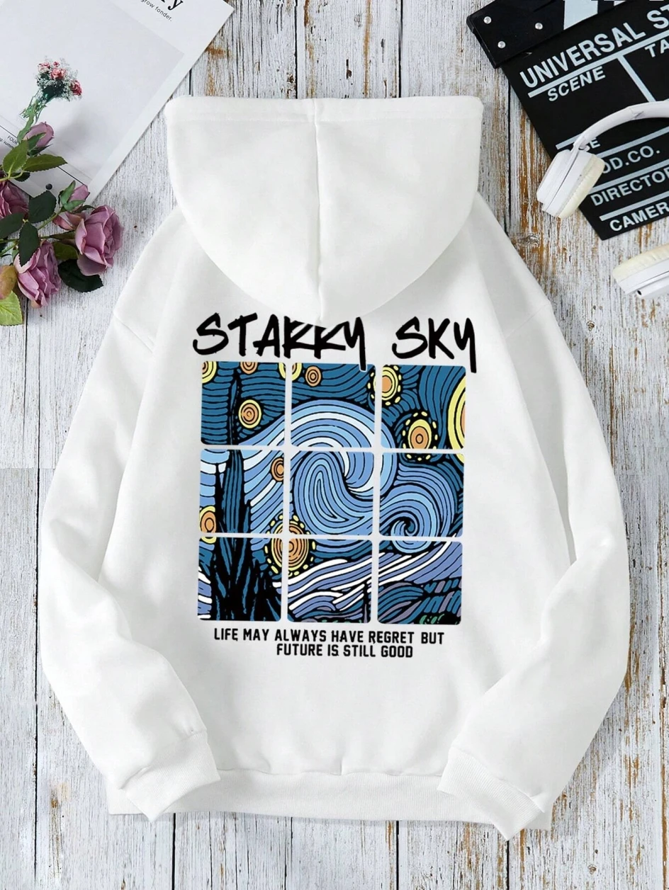 

Beautiful Night Sky Graffiti Printing Hoody Women Harajuku Soft Sweatshirt Fashion Warm Hooded Autumn Fleece Casual Clothes Top