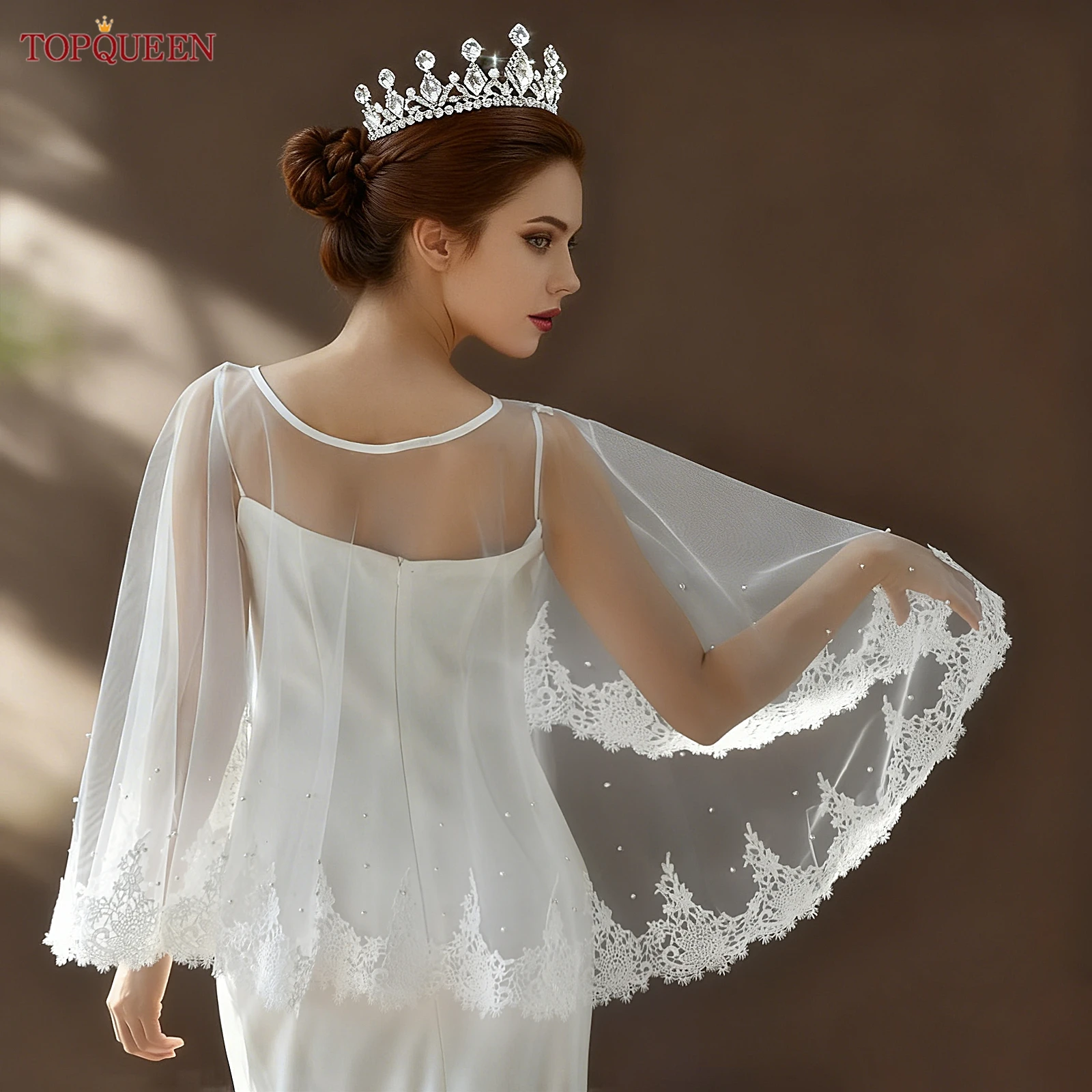 

TOPQUEEN кружевная шаль для невесты, мягкое кружево с жемчугом, праздничное платье, пальто «сделай сам», свадебное платье со съемными рукавами для подруги, болеро Mg32