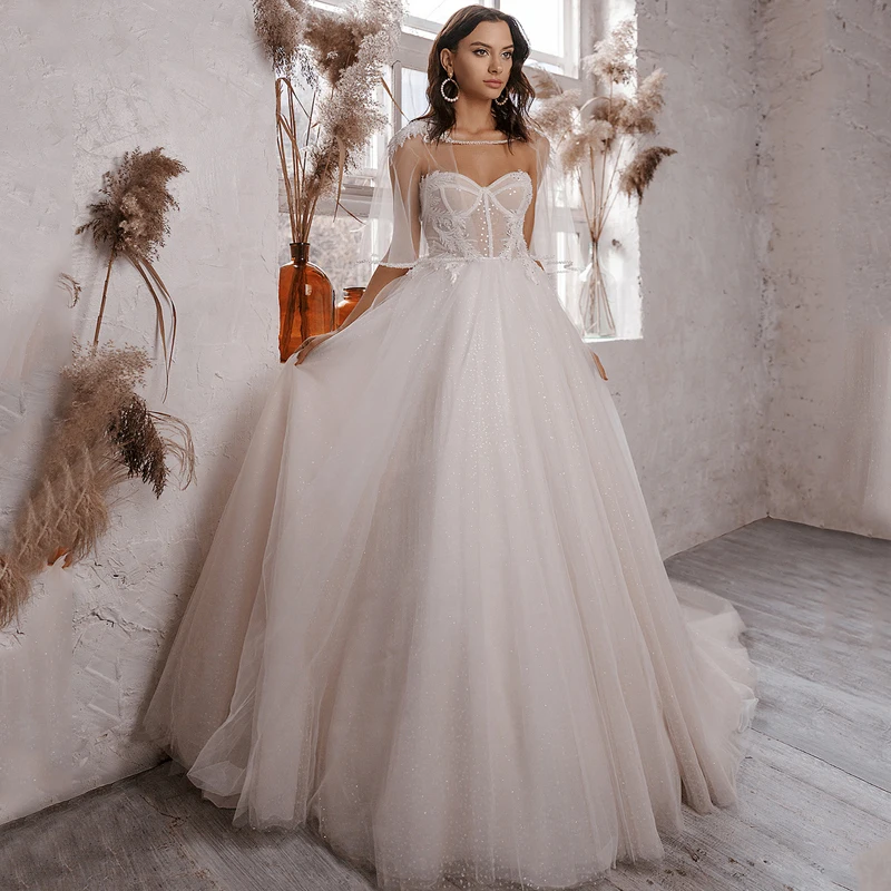 

See Through Top Sweetheart Wedding Dress Detachable Jacket Lace Up Sparkle Tulle A-Line Bridal Gown