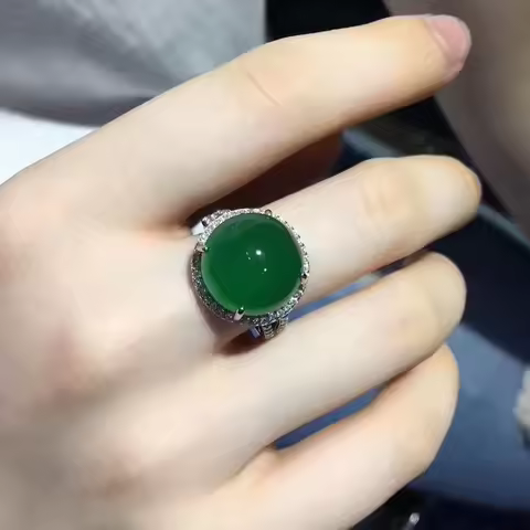 New silver diamond natural dark green chalcedony round adjustable ring exquisite retro style elegant ladies jewelry