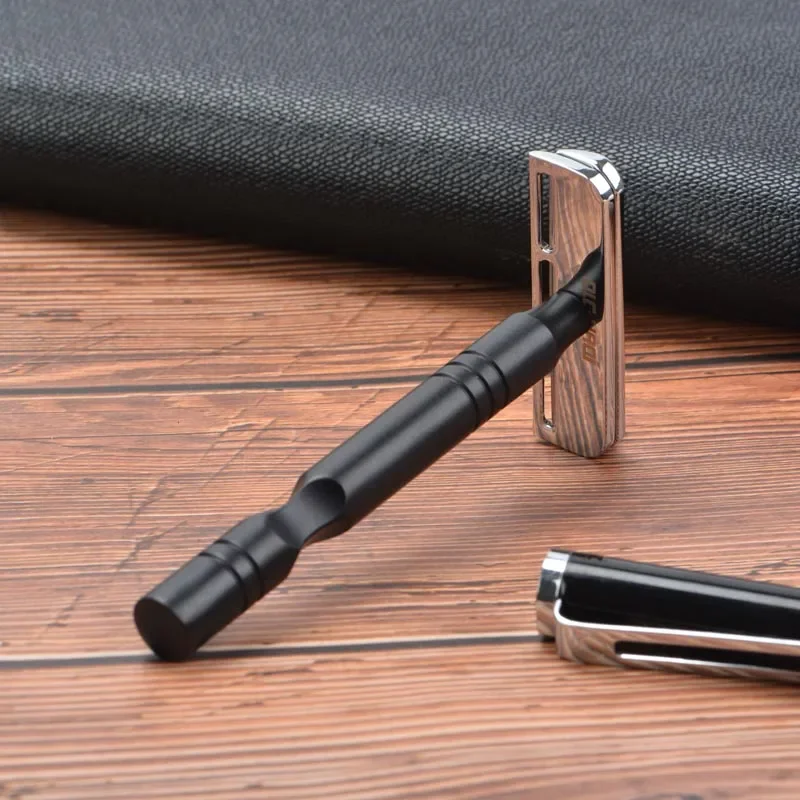 YAQI Men's Safety Razor with Chrome & Black Aluminum Handle Lightweight AC Blade Excalibur Single-Edged Shaving Razor
