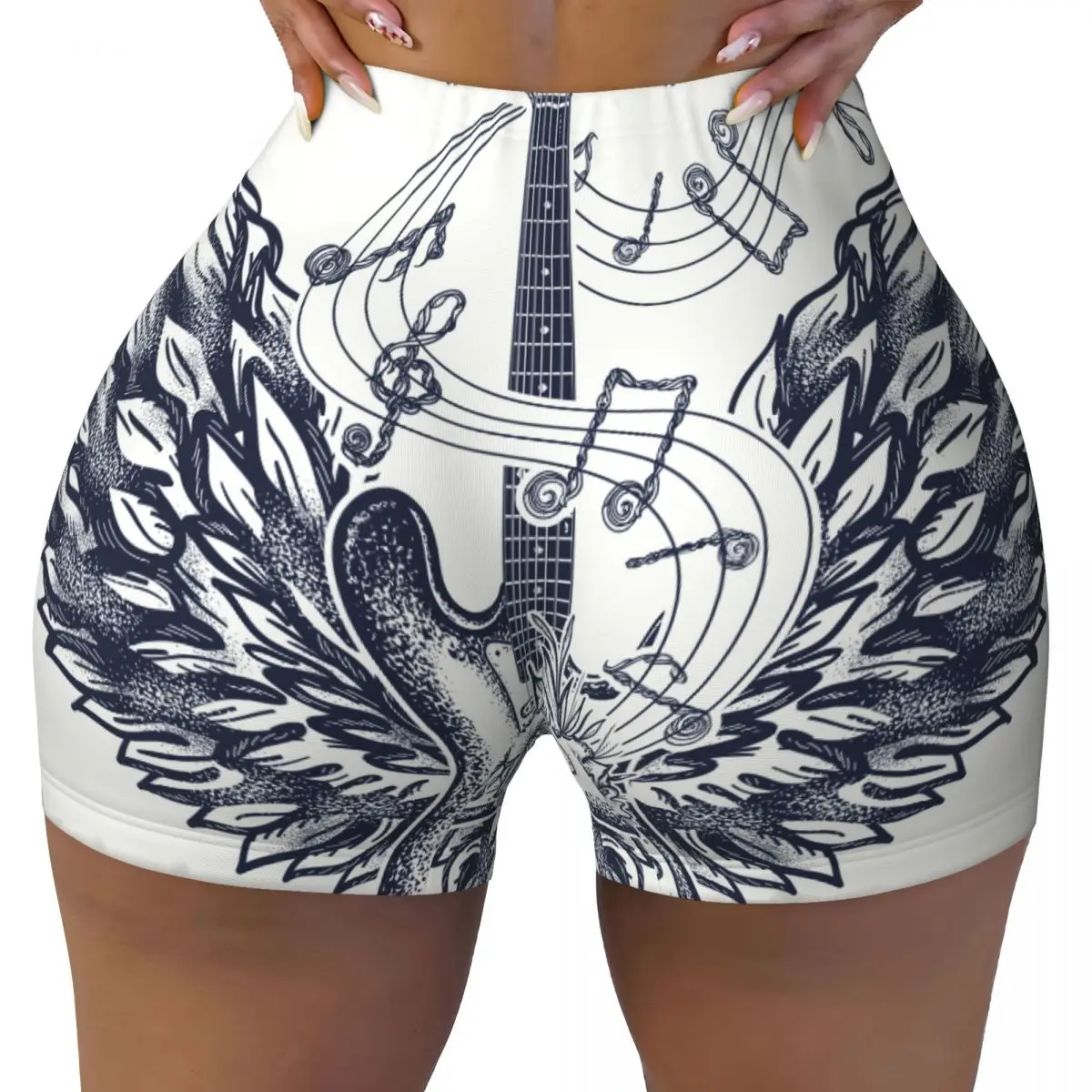 Push Up Short Elasticity Scrunch Butt Electric Guitar Wings And Music Notes Running Shorts Sports Shorts Womens Clothes Gym