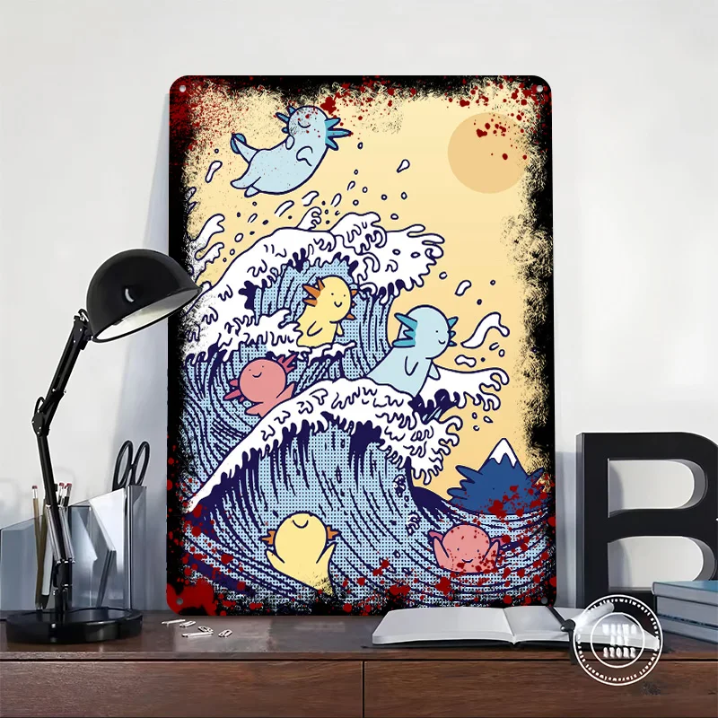 Axolotls Surfing Big Waves Printed Poster Customized Wall Art Retro Vintage Metal Tin Signs for Room Bedroom Decorations House