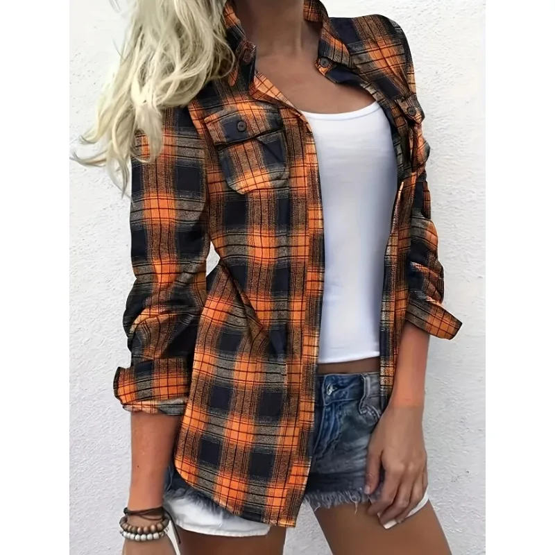 

Plus Size New Summer Women Soft Polyester Fabric Plaid Shirt Casual Fall/Winter Style Machine Washable Button-Up Design Shirt