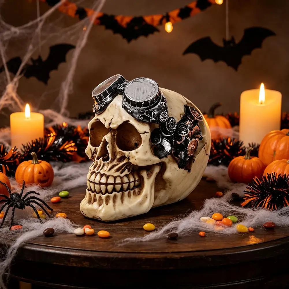 Resin Skeleton Decor for Haunted House Skull Ornaments for Halloween Hip-hop Headphone Skull Figurine Steampunk for Haunted