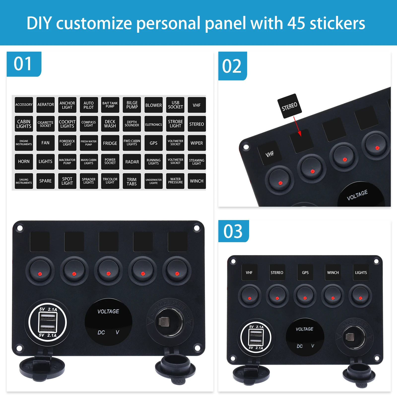 LED Rocker Switch Panel With Digital Voltmeter Dual USB Port 12V Outlet Combination Waterproof Switches For Car Marine Boat