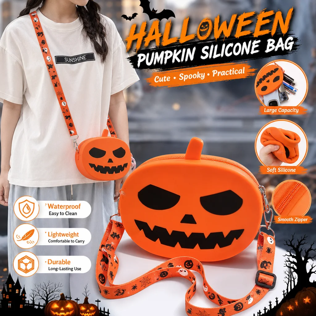 Halloween Pumpkin Silicone Crossbody Bag Waterproof Pumpkin Makeup Storage Purse With Ghost Printed Strap Party Cosplay Bag