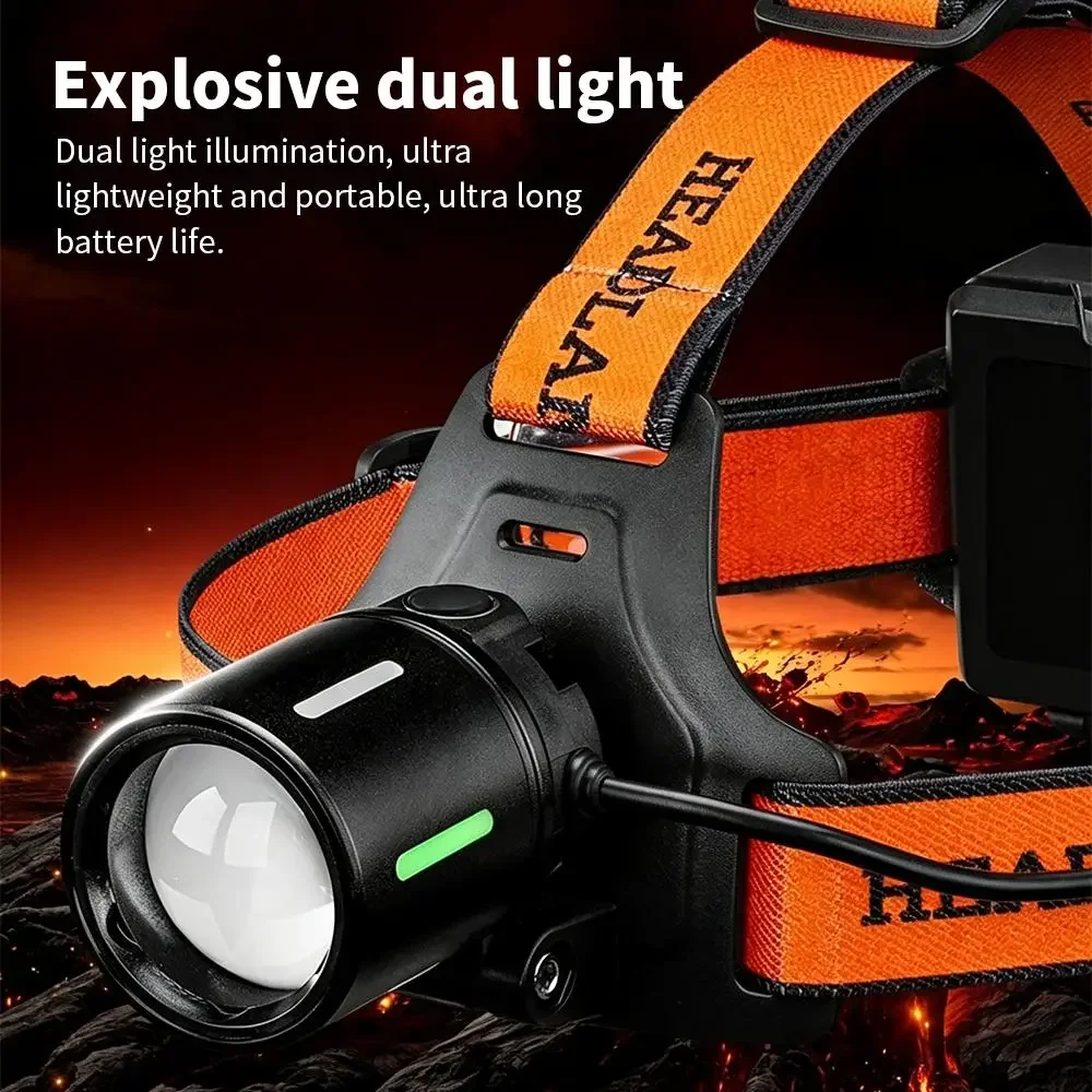 CILIA Lampada frontale a LED bianca con zoom e ricarica, 90 ° Torcia frontale a doppia luce regolabile, con messa a fuoco a distanza, luce concentrata o diffusa, impermeabile, ideale per campeggio,