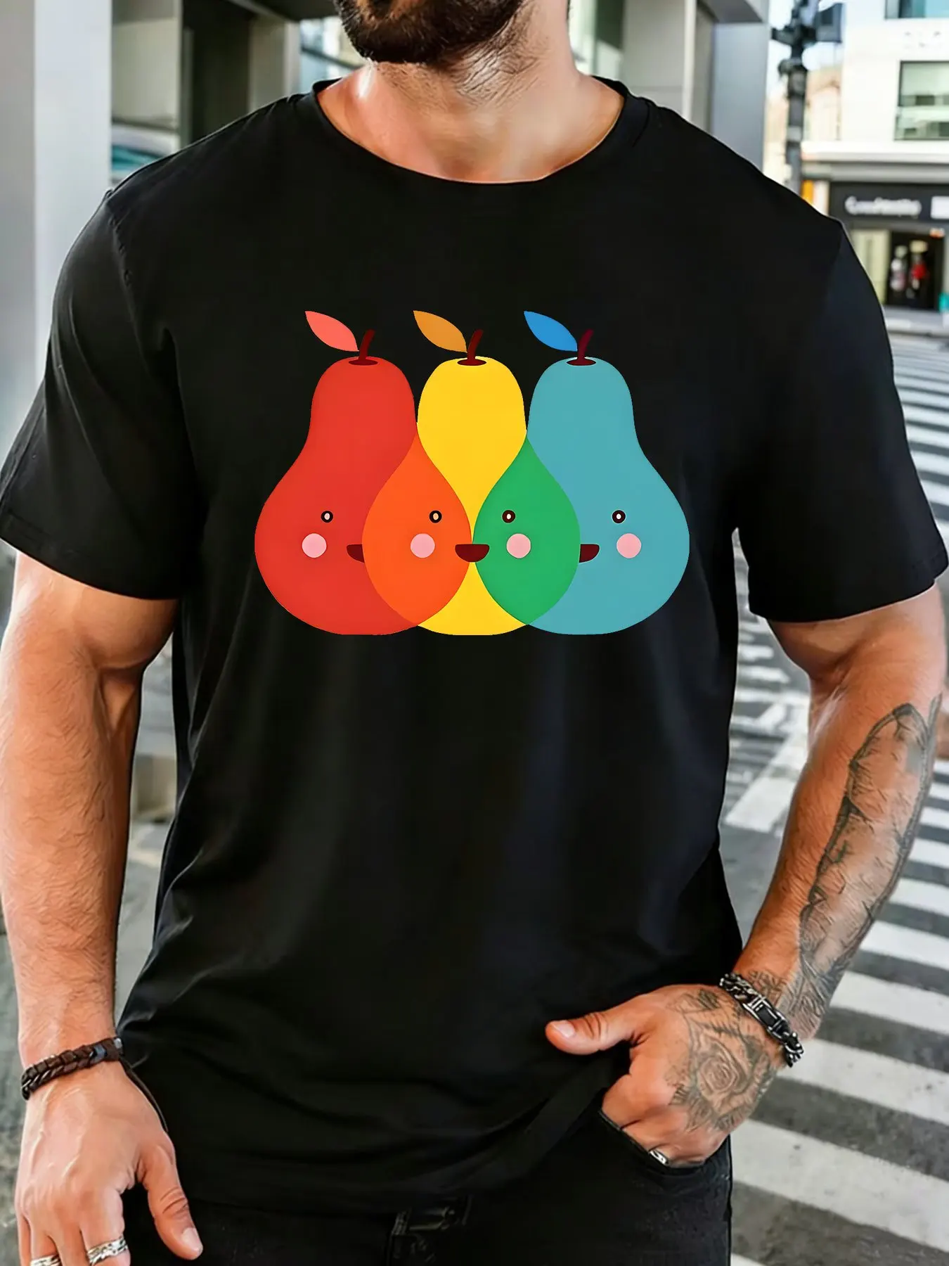 Trendy Mens Cotton Tshirt Four Blush Rainbow Pear Cartoon Pattern Crew Neck Short Sleeve Loose Fit Outdoor Travel Casual Wear