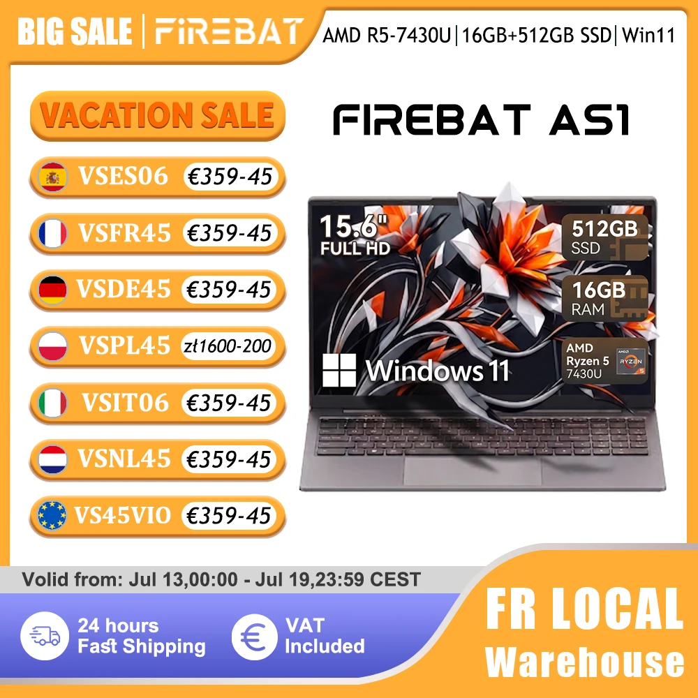 Firebat Laptop AS1 Ryzen 5 7430U 16GB DDR4 512Gb Ssd 15.6″ FHD IPS Type-C Wifi6 Teclado de tamaño completo