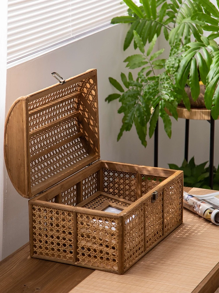 

Chinese style old rattan wind storage basket desktop cosmetic box plastic basket snack basket sundries storage box with cover.