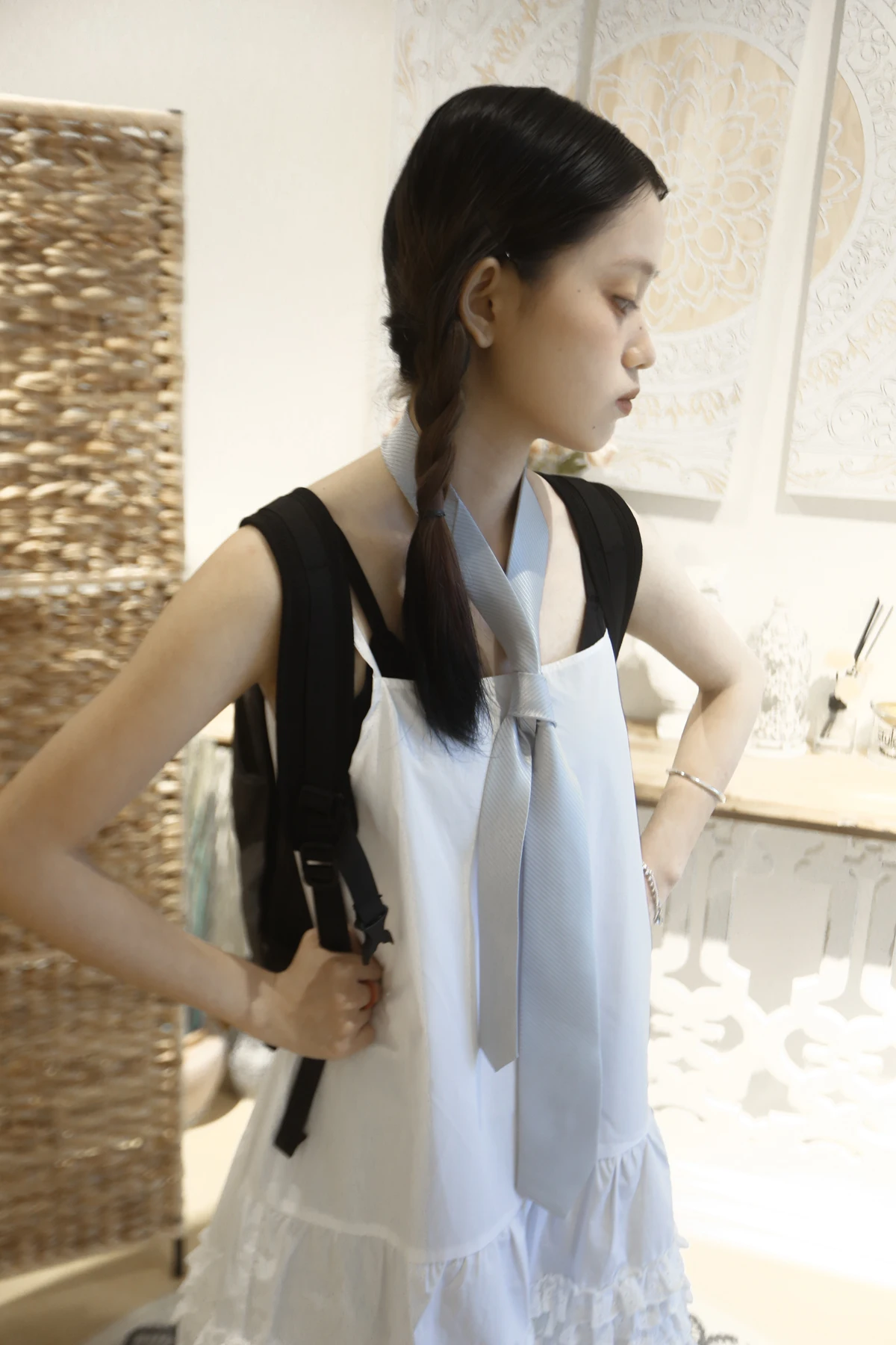 

White Ruffle Trim ter Dr Sweet Sle Mid-Length Cotton 00% Pure Color Summer 2024 Faion Udon Pixielike Design