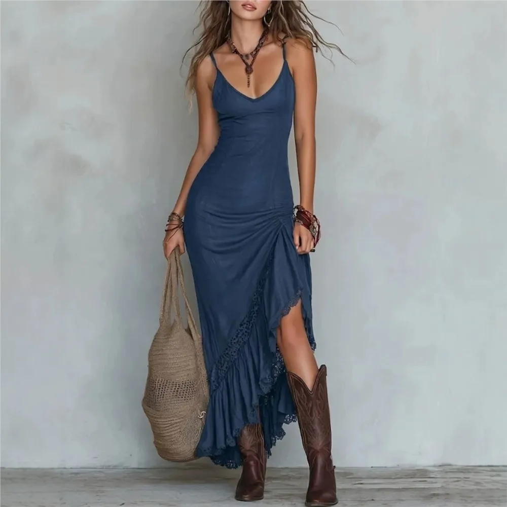 

Lace Splicing Knitted Spaghetti Strap Dress Summer Women's Sexy V-neck Casual Irregular Ruffle Long Dress Ropa Mujer Vestidos