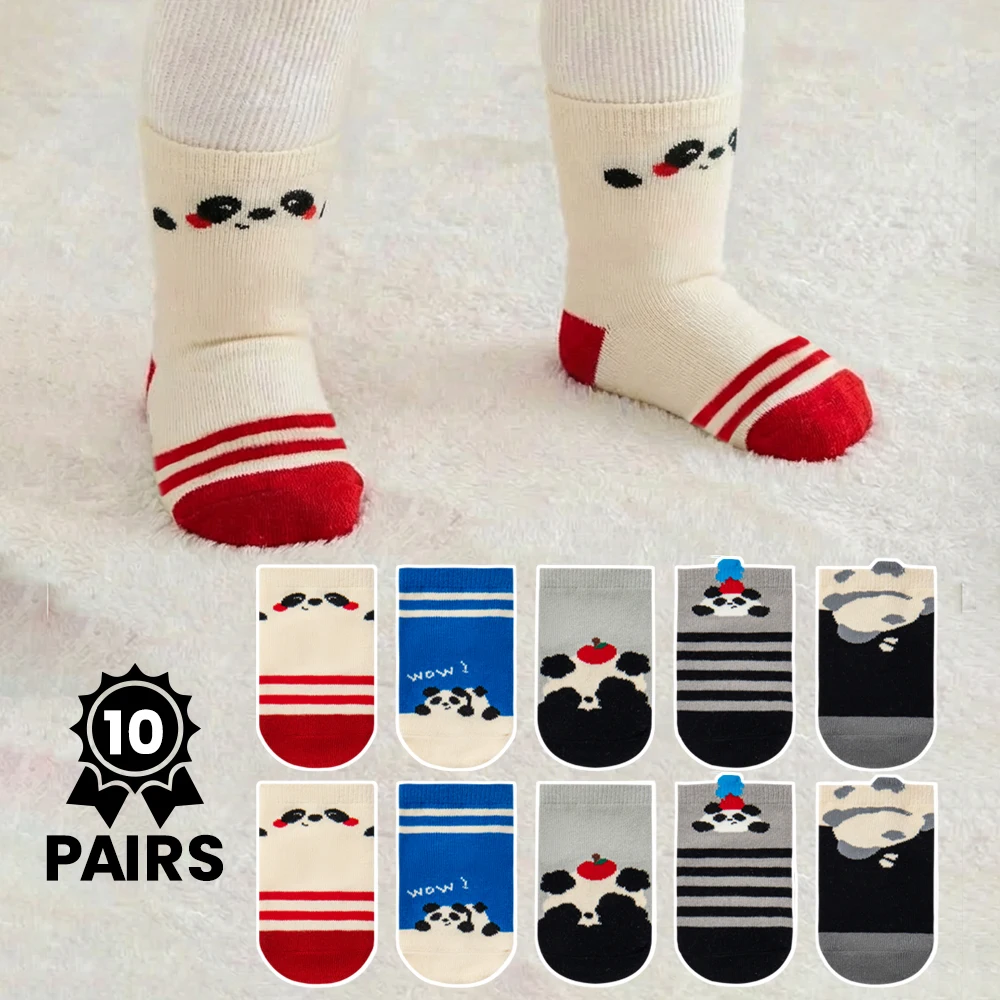 10 Pairs Cute Panda Kids Ankle Socks Striped Soft Cotton Toddler Baby Socks Breathable Anti-slip Short Socks For Boys Girls