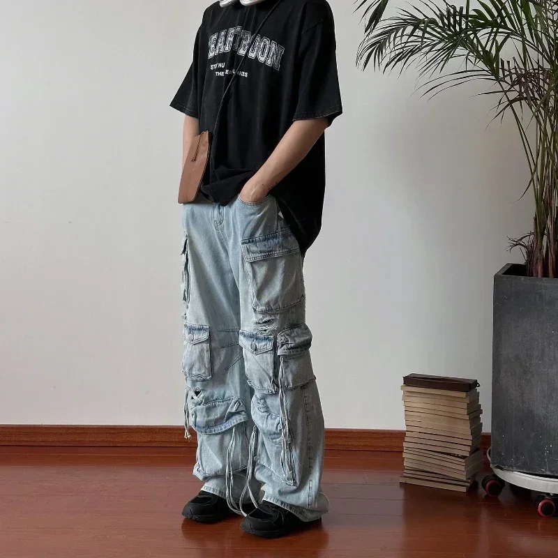 Punk Wind Multi-pocket Straight Solid Color Jeans Men's Design Sense Hip-hop Hole Washed Mid-waist Loose Drag Wide Leg Pants