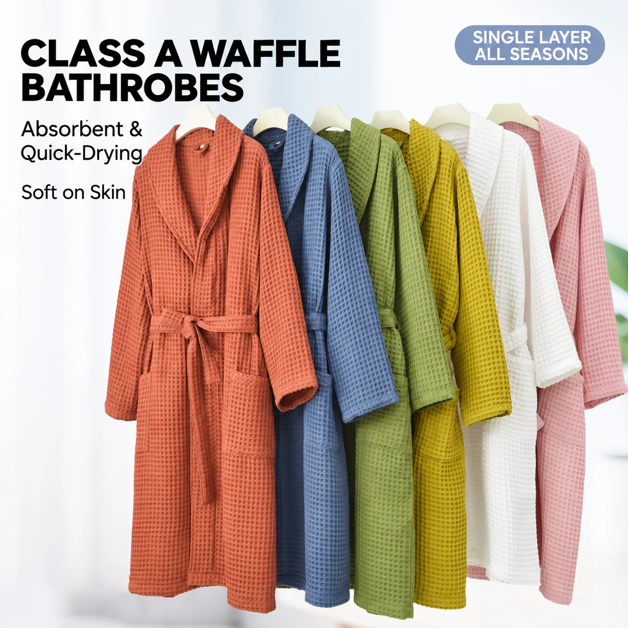 Waffle Cotton Kimono Robe with Belt and Pockets Soft Absorbent Quick-Drying for Spa Shower Hotel Home Women's Bathrobe Sleepwear