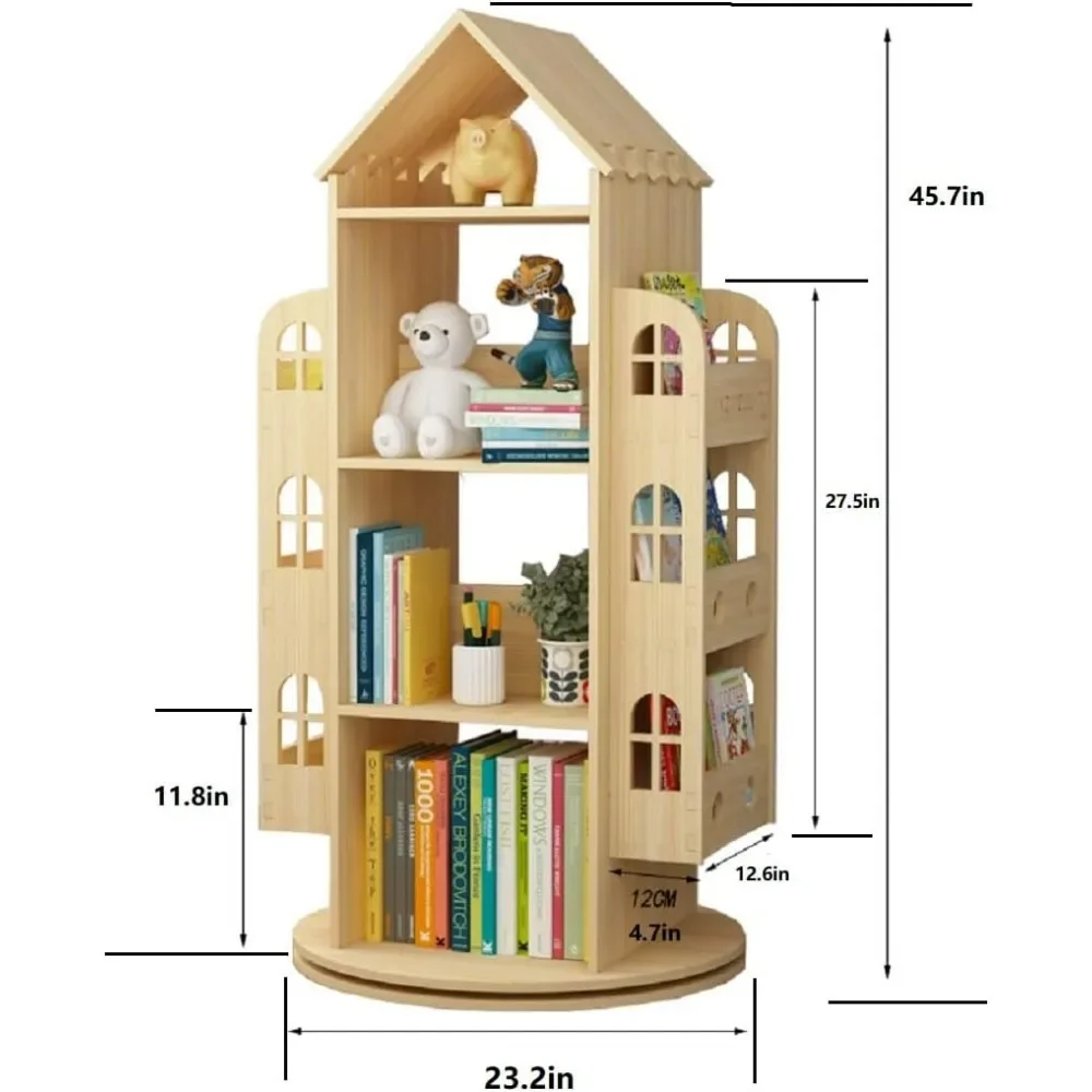 Rotating Bookshelf 360 Display Floor Standing Bookcase Storage Rack Children's Bookshelf, Wood Book Shelf Organizer Stand